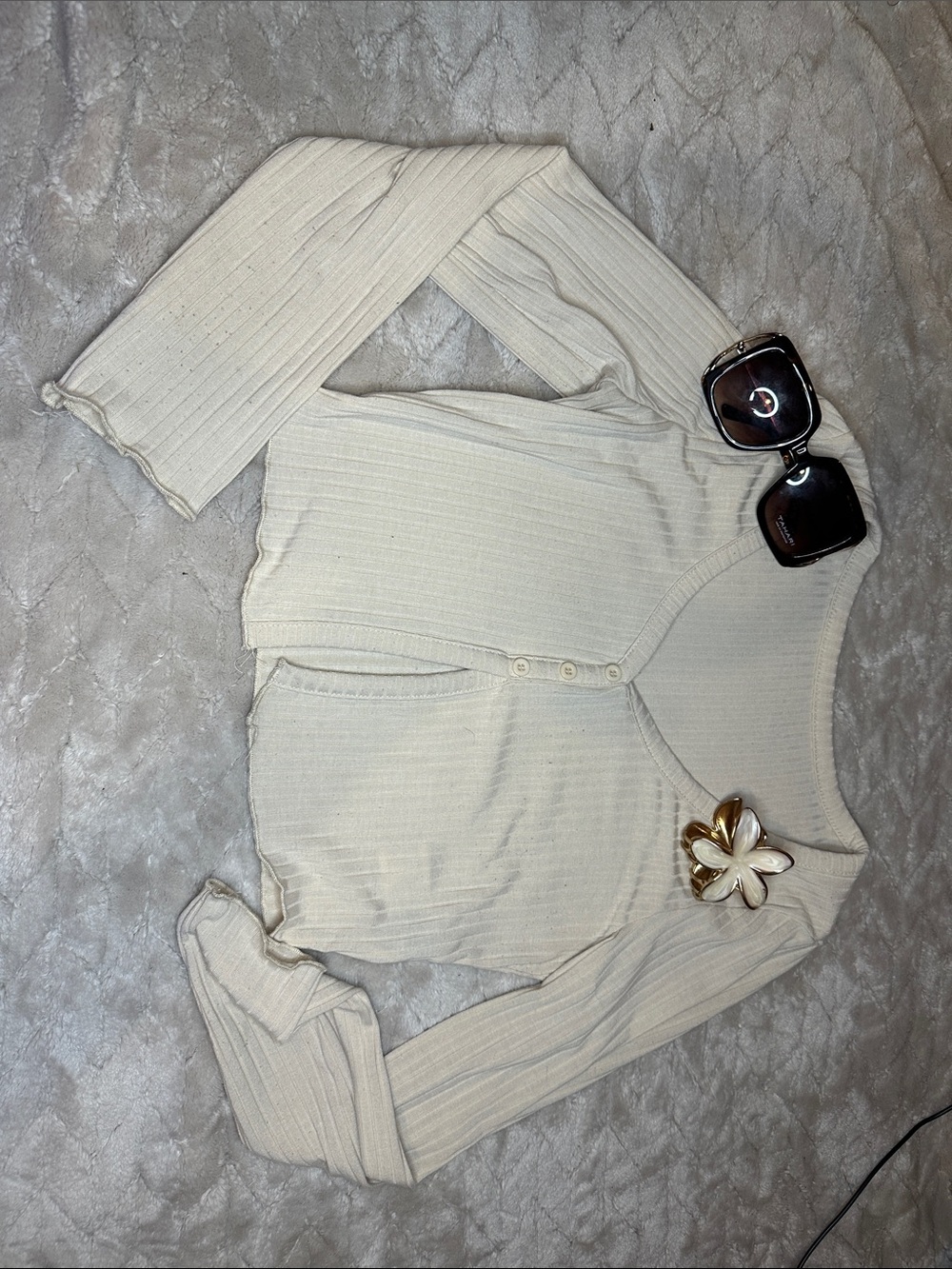 SHEIN Cream Ribbed Long Sleeve Button Front Top
